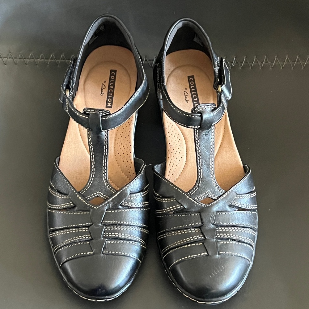 Clarks Black T-Strap Loafers